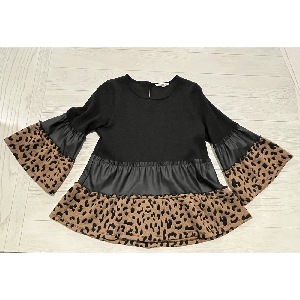 THML Black Brown Leopard Print Ruffle Bell Sleeve Tunic Blouse XS Round Neck